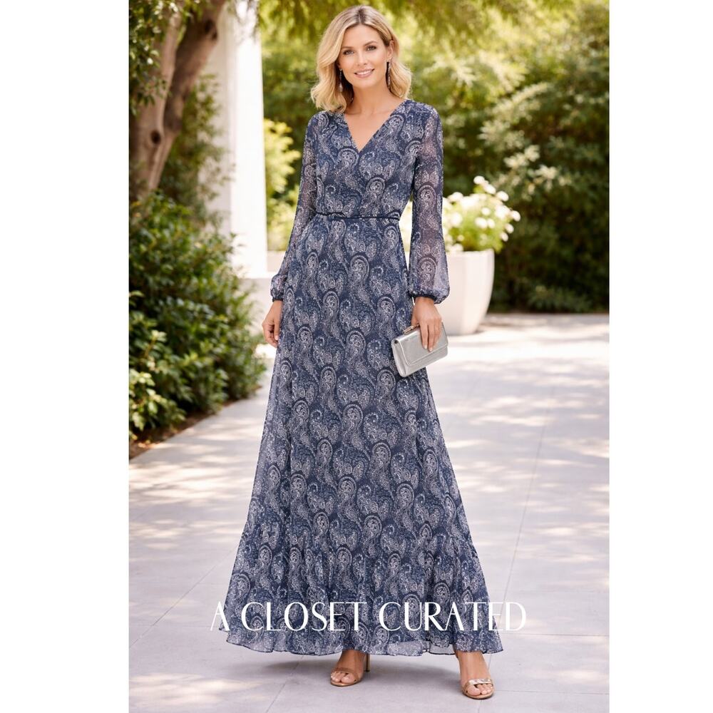 Mikael Aghal Velvet Trimmed Printed Chiffon Maxi Dress 4 Blue NEW